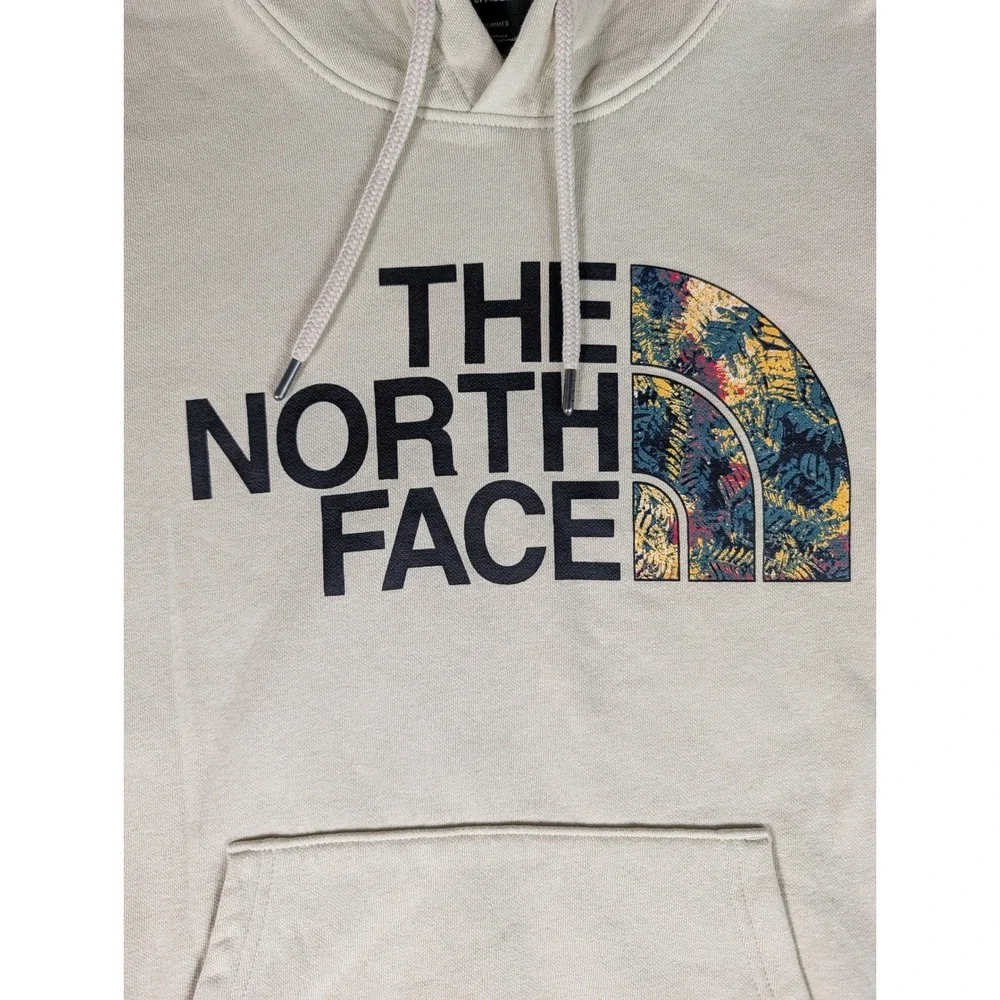 The North Face Mens Graphic Logo Pullover Hoodie Beige Floral Half Dome Fleece